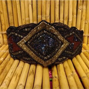 EUC VINTAGE MAJID Unique Glass Beaded Multicolored Diamond Patterned Belt 32-34